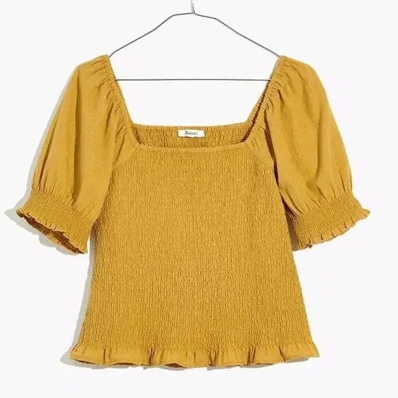 Madewell Lucie Gold Puff-Sleeve Smocked Bodice Top Size Medium NWT - Picture 6 of 11